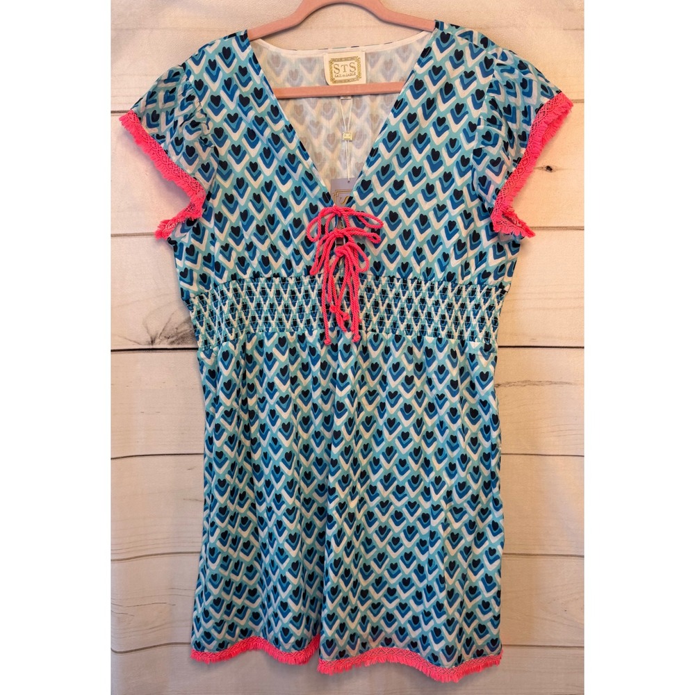 Sail to Sable Blue Teardrop Print Smocked Cotton Dress Neon Pink Trim XL‎ SP2162